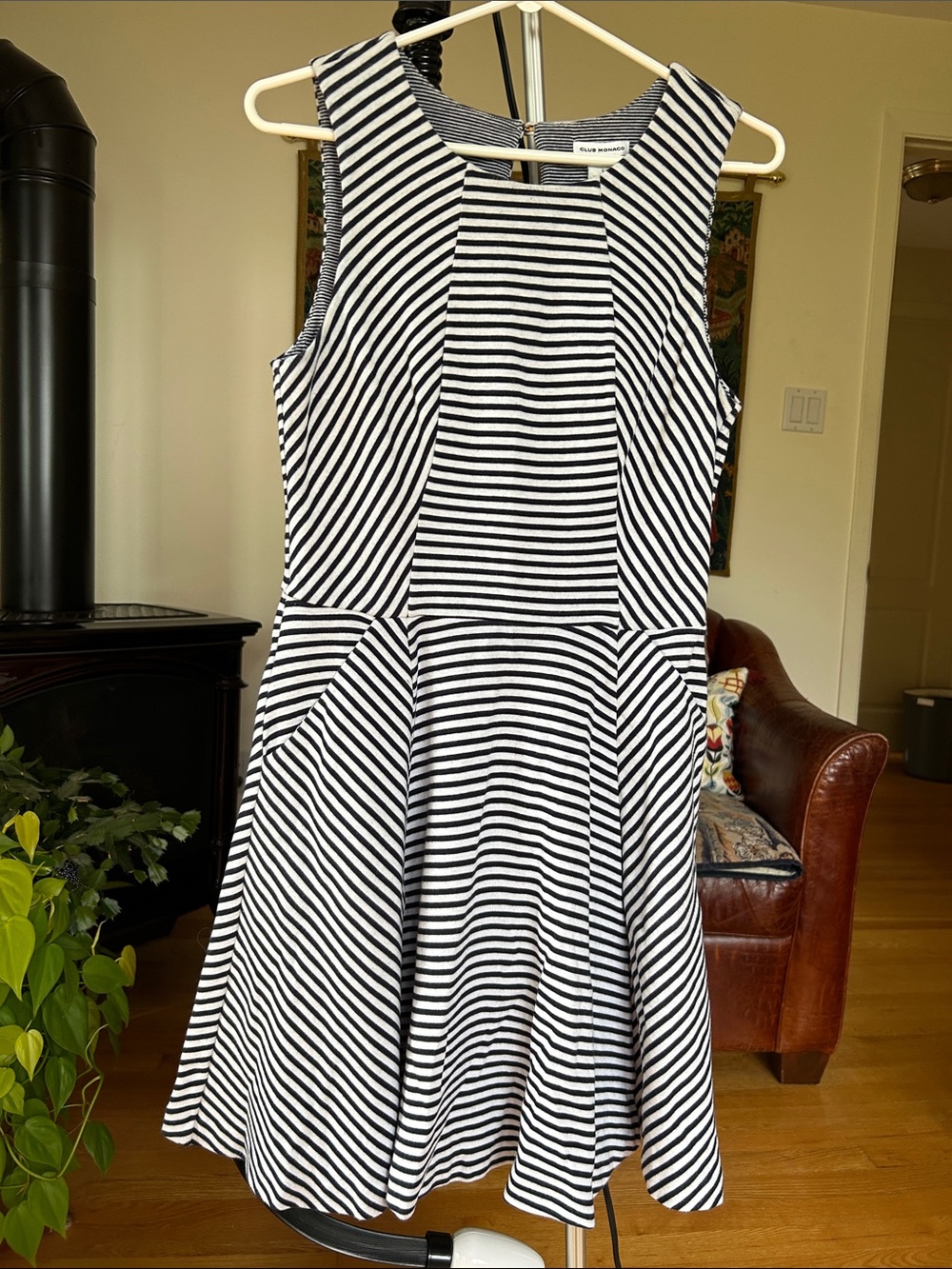 Club Monaco Black & White Striped Sleeveless Fit-and-Flare Mini Dress